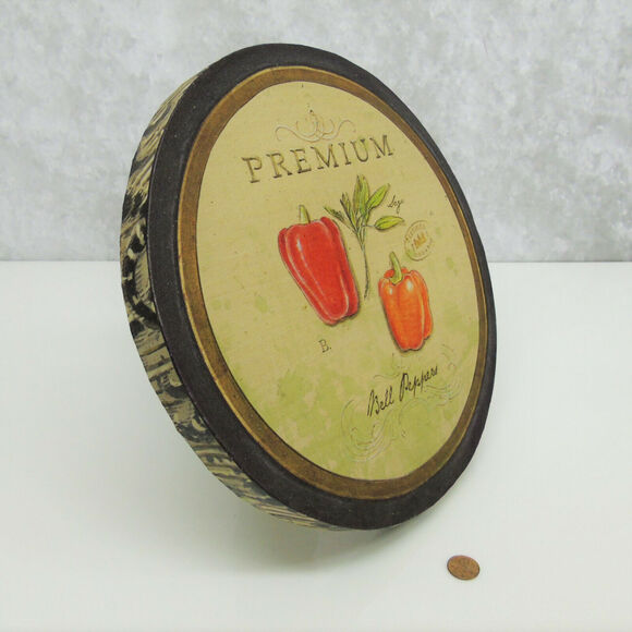 12" Round Canvas RED BELL PEPPERS & SAGE WALL ART Organic Food Kitchen Hanging! - Picture 2 of 5